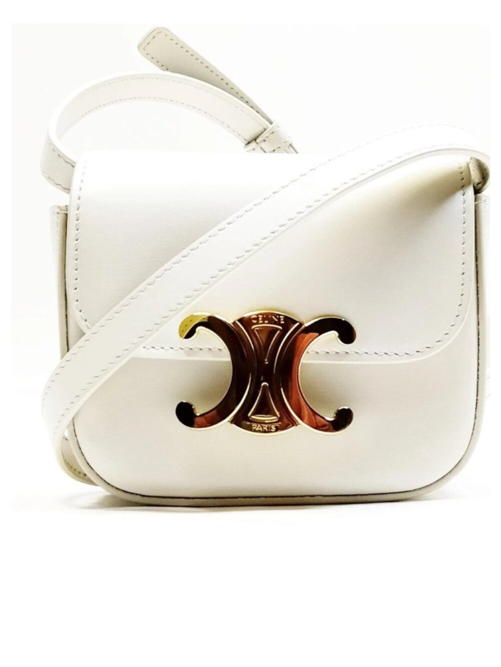 Authentic Celine Triomphe Small Shoulder Bag White Leather Gold Logo Crossbody - Picture 2 of 16